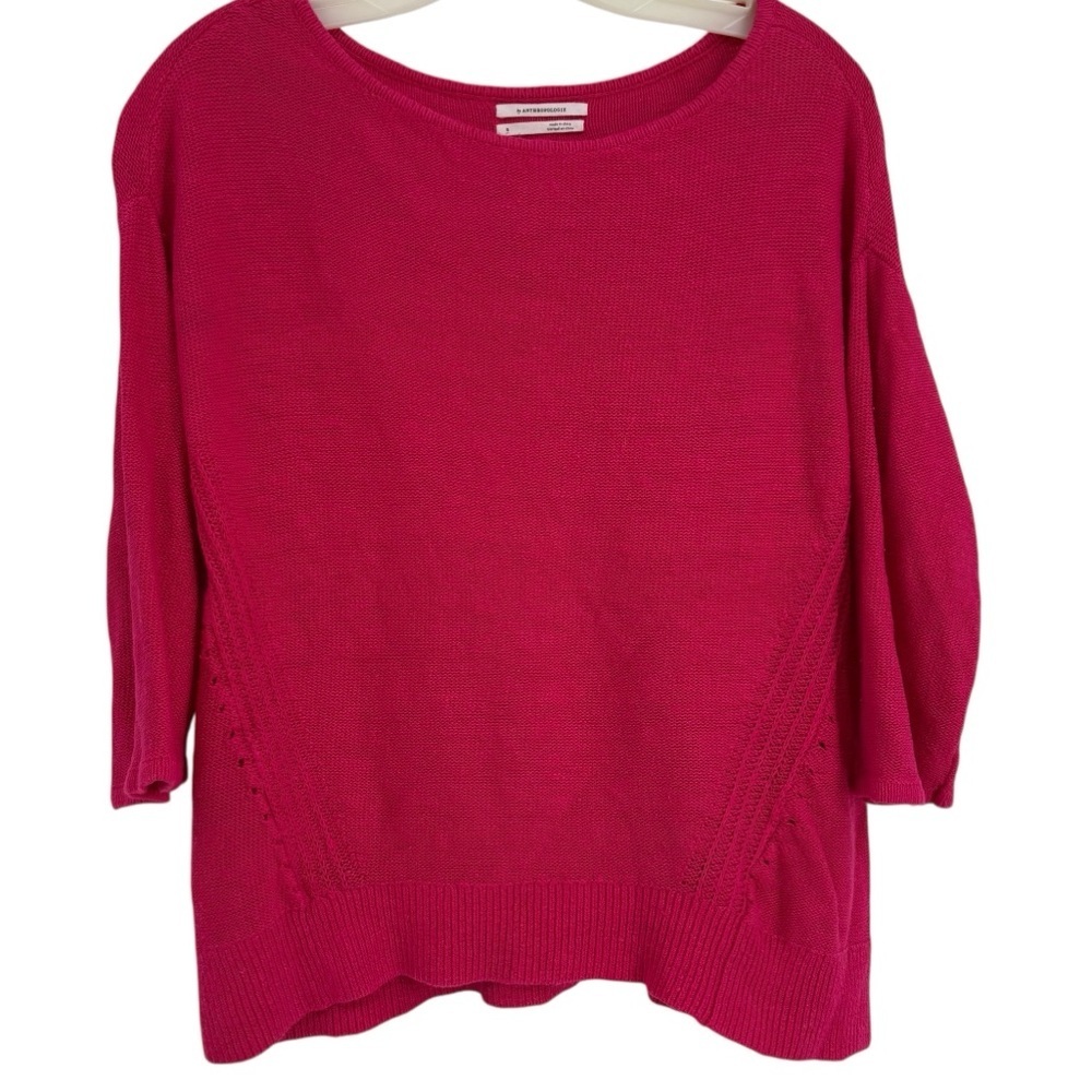 Anthropologie Pink Linen Blend Knit Sweater Size Small Pink Pullover 3/4 Sleeve